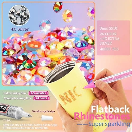 OCARDI 40,000+ Pcs Resin Jelly Rhinestones Bedazzling Kit,3mm Flatback Rhinestones (26 Colors+4X Ex-Silver) with Dual-Head Pen & 3 Pcs B7000 Glue, All-in-One Bedazzler Kit for DIY Arts & Crafts Gifts thumbnail 6