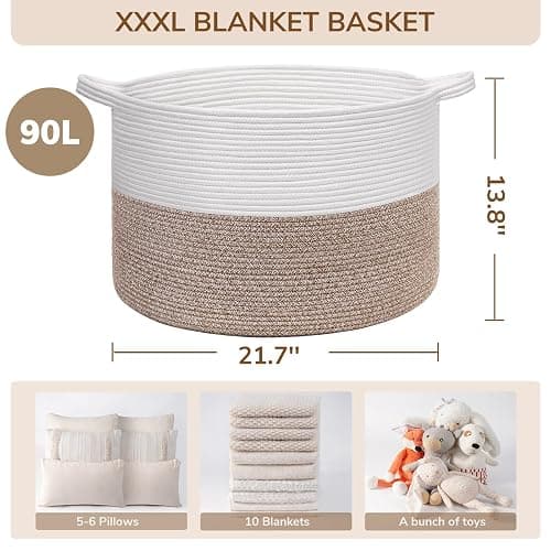 INDRESSME XXXLarge Cotton Rope Basket 21.7" x 21.7" x 13.8" Woven Baby Laundry Blanket Baskets Toy Burr Basket with Handle Storage Comforter Cushions for Christmas Thread Laundry Hamper thumbnail 3