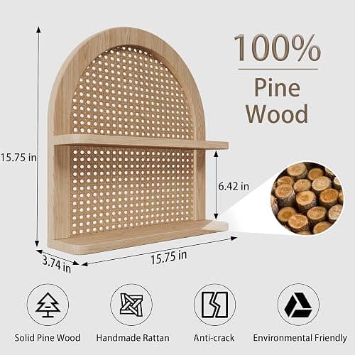 Eostbe Rattan Wall Shelf Boho Nursery Decor - 2-Tier Arched Woven Natural Wood Wicker Wall Shelf, 16''L Neutral Handcrafted Rattan Nursery Shelf, Decorative Shelf for Living Room,Bedroom & Bathroom thumbnail 3