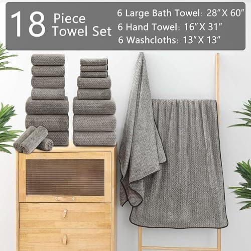 Ycosy 18 Piece Bath Towels Set,100% Microfiber Family Bathroom Towel with Hanging Loops-6 Bath Towels,6 Hand Towels,6 Washcloths,Quick Dry Highly Absorbent Shower Towel for Bathroom,Hotel,Spa-Brown thumbnail 3