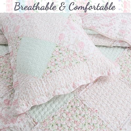 Cozy Line Home Fashions 100% Cotton Real Patchwork Floral Pink Rose Shabby Chic Girly Reversible Quilt Bedding Set, Coverlet Bedspread (La Rosa Rêve, Twin - 2 Piece) thumbnail 3