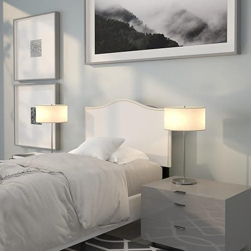 EMMA + OLIVER Upholstered Twin Size Headboard with Nailtrim in White Fabric - Image 1