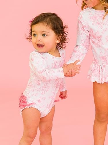 RuffleButts Baby Girls UPF 50+ Sun Protection Floral Printed Long Sleeve One Piece Rash Guard Swimsuit with Zipper thumbnail 5