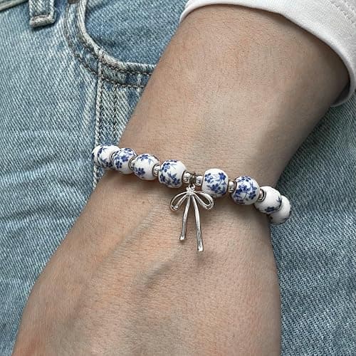 Beaded Bracelets for Women,Bow Charm Blue Flower Gold Plated Jewelry Women thumbnail 3