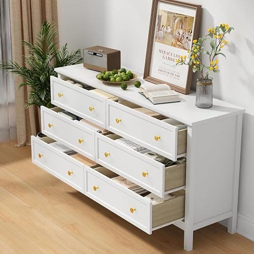 CARPETNAL White Dresser for Bedroom, 55 Inch 6 Drawer Dresser with Wide Drawer and Gold Handles, Woode Dressers & Chests of Drawers for Hallway, Entryway. thumbnail 5