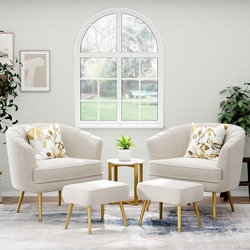 Andeworld Velvet Accent Chair with Ottoman, Upholstered Modern Single Sofa Side Chair,Comfy Barrel Club Living Room Armchair with Golden Metal Legs for Bedroom Living Reading Room Office, Beige thumbnail 5