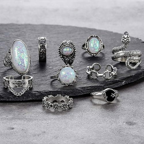 17IF Vintage Silver Knuckle Rings Set for Women Men, Chunky Boho Rings | Aesthetic Snake Grunge Stackable Gothic Ring Adjustable Y2K Punk Bulky Finger Alt of Rings, Stacking Flower Midi Ring Pack thumbnail 5