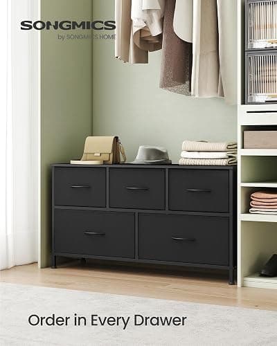 SONGMICS Dresser for Bedroom, Wide Dresser with 5 Fabric Drawers | Chest of Drawers with Steel Frame, for Closet & Entryway, Ink Black and Ebony Black, BELLAH Collection ULGS322B01S thumbnail 3