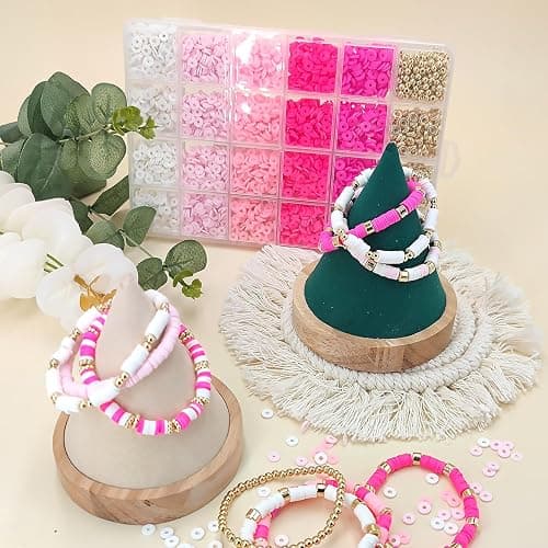 MIIIM Pink Clay Bead Bracelet Kit, Heishi Beads, Flat Clay Beads and Gold Spacer Beads for Jewelry Making, Friendship Bracelet Beads Kit for Crafts, Concert, Raves, Gifts thumbnail 5