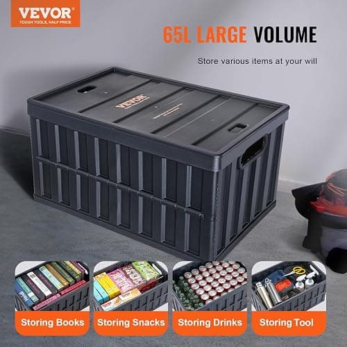 VEVOR 65L Collapsible Storage Bins with Lids 3 Packs, Stackable Utility Crates with Handles, Large Folding Containers for Organizing Tools, Books, Food, Drinks, Camping&Transport thumbnail 4