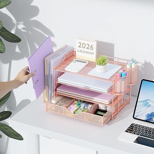 gianotter Desk Organizers and Accessories with File Holder, 4-Tier Desk Accessories & Workspace Organizers with Drawer and 2 Pen Holder, Paper Organizer for Office Supplies (Rose Gold) thumbnail 2