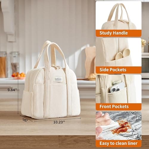 belaven Insulated Lunch Bag for Women, 6-Hour Cold Retention Cooler Tote with Sturdy Handle, 15-Can Spacious Capacity, Leakproof Corduroy Fabric & Aluminum Foil Lining, (Beige) thumbnail 3