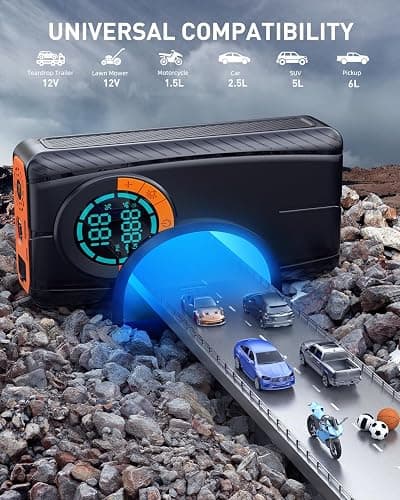 HIPOM Jump Starter with Air Compressor, Car Battery Jump Starter (8.0 Gas/7.0L Diesel), Battery Jumper Starter Portable Jump Box, 12V Portable Car Jump Starter with Tire Inflator, LED Light (Model) thumbnail 4