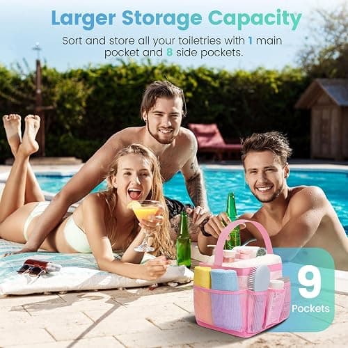 Camping Essentials Shower Caddy Portable for College Dorm Room Essentials for Girls with 8 Pockets,Large-Capacity Shower Caddy Dorm Basket,Quick Dry Bath Bag for Bathroom,Gym,Travel,Swim,Beach-Pink thumbnail 2