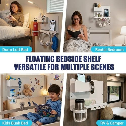 Metal Bedside Wall Shelf, Bedside Floating Shelf Wall Organizer with Detachable Cup Holder, No Drill Wall Mount for Bedroom, Dorm Room Decor, Nightstand Alternative, Bunk Bed Accessories, RV Storage thumbnail 7
