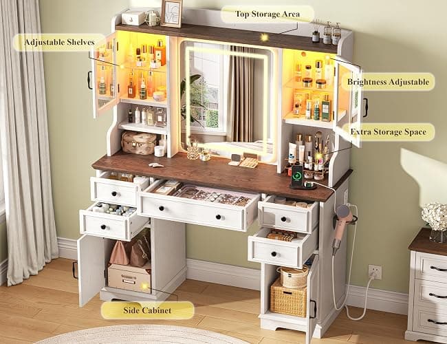EnHomee Vanity Desk with Mirror and Lights, 43" White Makeup Vanity Desk with 5 Drawers & 2 RGB Glass Cabinets, Adjustable 3 LED Lights for Bedroom, Farmhouse Dressing Table for Women thumbnail 8