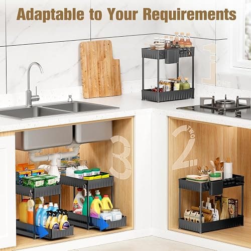 Latoxcaa 3 Pack Under Sink Organizer for Bathroom, ABS Material Pull Out Kitchen Organizers and Storage with Hooks Hanging Cup, 2 Tier Multi-Use Cabinet Organizer Storage for Bedroom/Office, Black - Double Pull-out+medium Size thumbnail 2