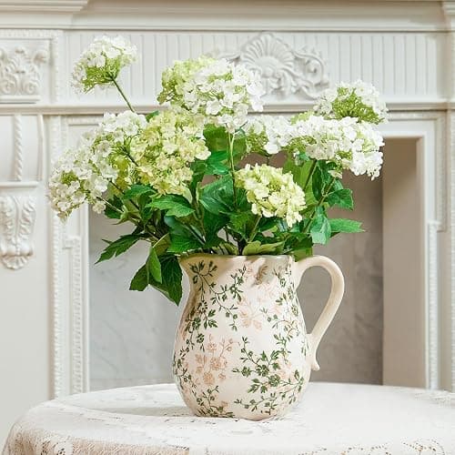 Ceramic Green and White Floral Vase with Handle, Rustic Farmhouse Pitcher Flower Vase, Chinoiserie Floral Vase for Home Decor, Living Room, Shelf, Office, Rustic Table Centerpiece 8 Inch - Image 1