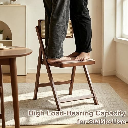 SOBIBO Wood Folding Dining Chairs, Padded Seat, Set of 2, Coffee & Walnut | Solid Wood Frame, Rattan Backrest, 600lbs Capacity, No Assembly Required, Mid Century Modern for Dining Room, Balcony, Patio thumbnail 7