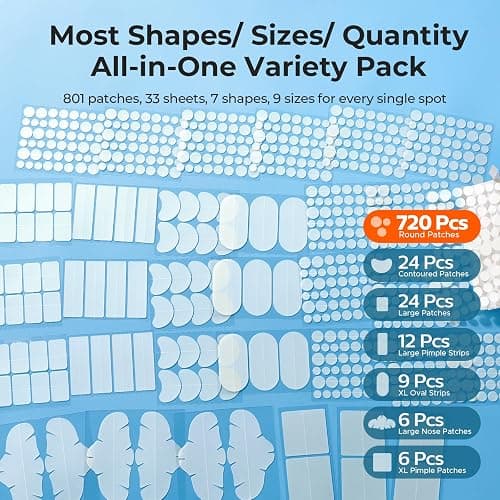TKTK Hydrocolloid Pimple Patches All-in-One Combo Pack (9 Sizes 801 Count) | 7 Shapes Bulk Strips for Face & Back, Gentle Blemish Care for Acne, Zit Covering Set for Breakouts & All Skin Types thumbnail 3