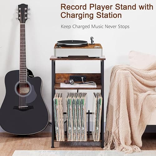 AMHANCIBLE Record Player Stand with Charging Station, Turntable Stand with Storage Cabinet, 3 Tier End Table Hold Up to 100 Albums, Record Table for Vinyl, Living Room, Rustic Brown, HETCD01BR-1 thumbnail 4