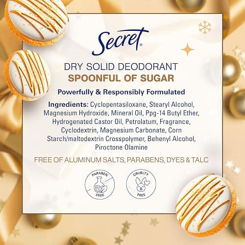 Secret Aluminum Free Deodorant for Women, 48hr Odor Protection with Pro-Hyaluronic Acid, PH Balancing Minerals, Holiday Dry Solid, Spoonful of Sugar with Glazed Crème & Vanilla Custard Scent, 2.4 oz thumbnail 11