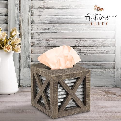 Autumn Alley Barn Door Rustic Square Farmhouse Tissue Box Cover, Farmhouse Bathroom Accessories, Rustic Bathroom Décor Tissue Holder, Wood Tissue Box Cover with Galvanized Decor thumbnail 2
