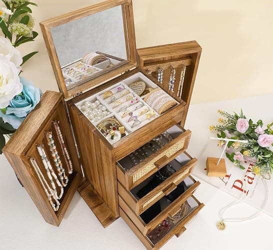 Jewelry Organizer, Rattan Jewelry Box, 5 Layer Wooden Jewelry Organizer Box with Mirror, Jewelry Boxes with 4 Drawers for Women Men, Jewelry Storage for Rings Earrings Necklaces Bracelets Watch thumbnail 2