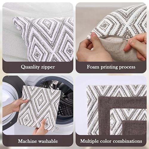 HPUK Decorative Throw Pillow Covers Set of 4 Dark Gray Geometric Design Linen Cushion Cover for Couch Sofa Living Room, 18"x18", Natural thumbnail 4