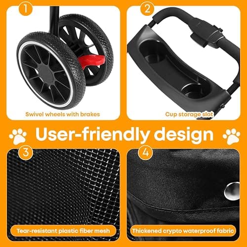 Pet Stroller,Dog Stroller for Small Medium Dogs Cats,3 Wheels,Foldable,with Breathable Mesh Canopy,Cup Holders,Easy Assembly,Black thumbnail 5