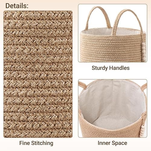 Mkono Woven Storage Basket Decorative Natural Rope Basket Wooden Bead Decoration for Blankets,Toys,Clothes,Shoes,Plant Organizer Bin with Handles Living Room Home Decor, Jute, 16" W × 13.8" L thumbnail 9