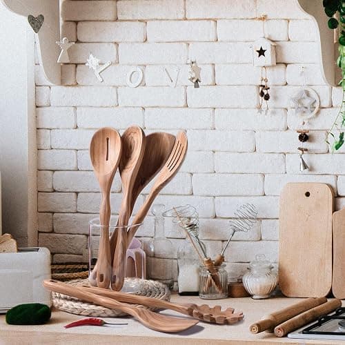 Olive Wooden Utensils for Cooking, Long Handle Wooden Spoons for Cooking, 6 PCES Crafting Wooden Spoon Set, Wooden Kitchen Utensil set, Natural Olive Wood utensil Set thumbnail 5