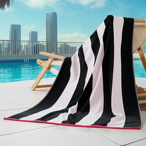 Juicy Couture Black/Hot Hot Pink/White Pink Reversible Cabana 36" x 72" 100% Cotton Oversized Beach Towel - Soft, Absorbent, and Quick-Drying, Perfect for Beach, Pool, or Travel thumbnail 5