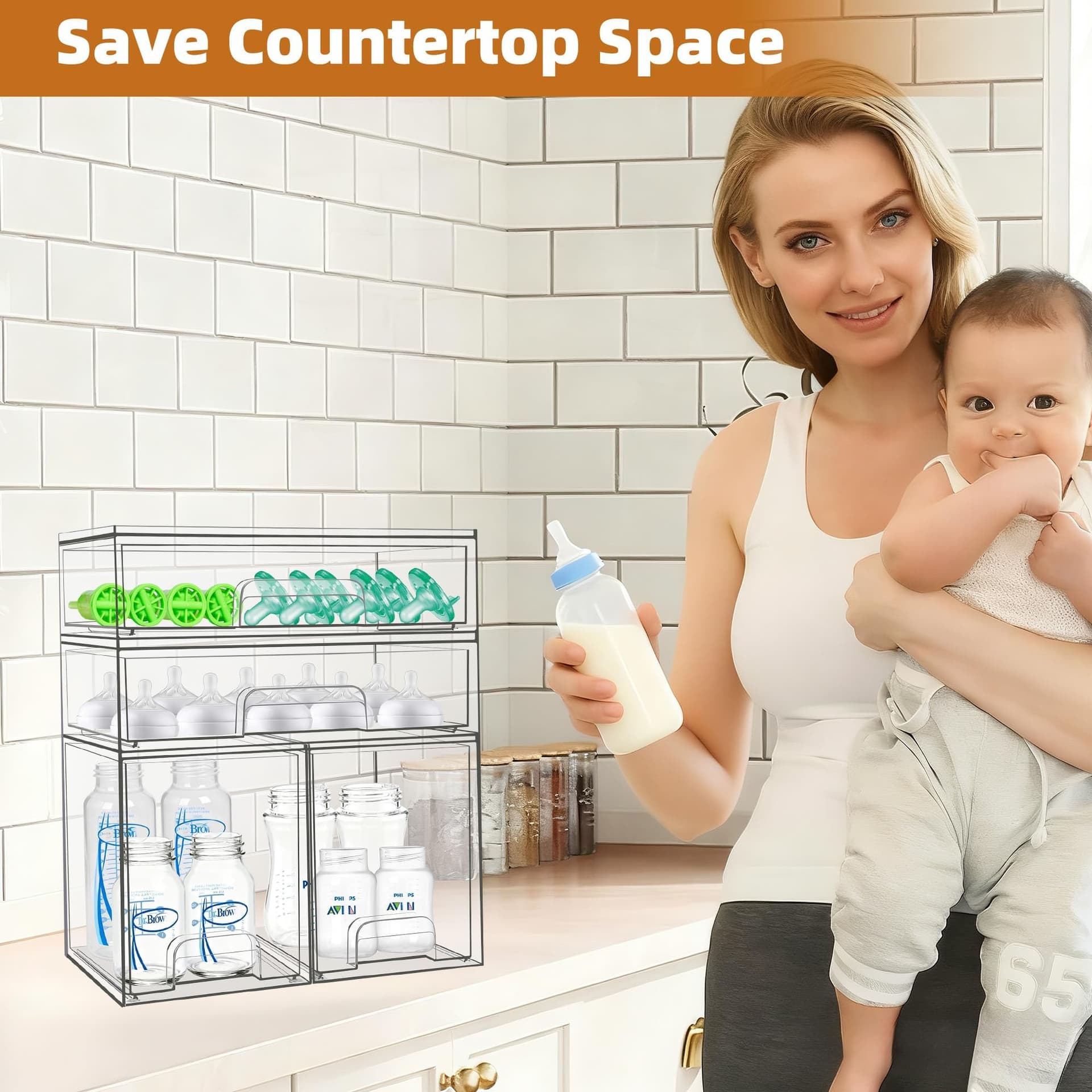 Baby Bottle Organizer, 4 Pack Stackable Storage Drawers with Labels, Clear Station Organizers Container for Pacifiers, Pump Parts, Desk Organizer Bins for Bathroom, Cabinet, Pantry, Vanity, Countertop thumbnail 2