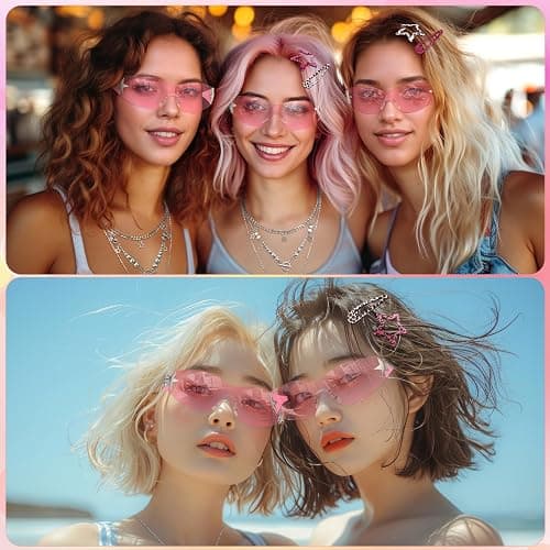 Fingertip WD Y2k Accessories Set Included Star Y2k Silver Necklace | Grunge Layered Necklace Y2K Sunglasses Y2k Star Silver Hair Clips Keychain Hip Hop Pants Chain Vintage Jewelry Set for Women thumbnail 4