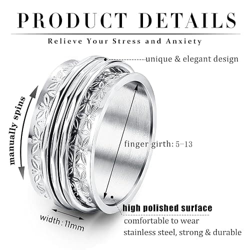 Magitaco Stainless Steel Spinner Rings Fidget Band Rings Moon Star Flower Butterfly Anxiety Rings for Women Men thumbnail 2