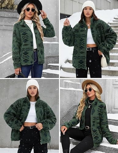ZAFUL Women's Long Sleeve Zip Up Coat Faux Fur Ethnic Aztec Print Fall Jacket with Pocket Teddy Cropped Oversized Outwear thumbnail 2