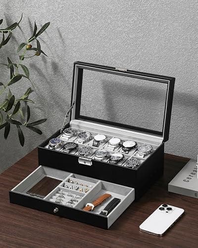 GUKA Watch Box 12 Slot Watch Display Organizer Leather Jewelry Case Drawer Glass Birthday for Men Women, Child Husband Dad thumbnail 2