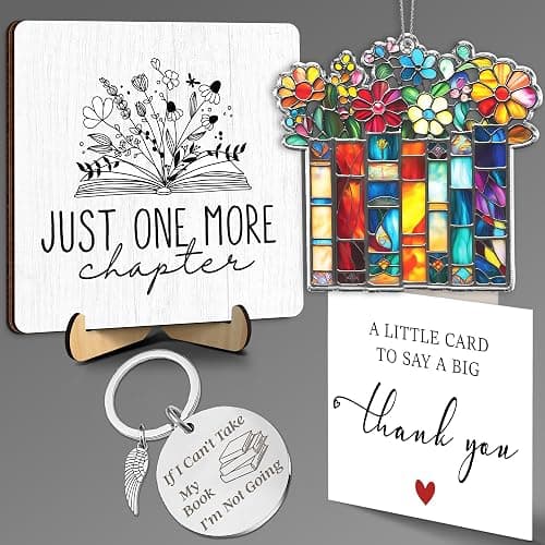 Just One More Chapter Book Lover Gift Set – Thank You Gift for Teacher, Librarian, Reader, or Book Club – Stained Glass Ornament, Wooden Sign, Keychain & Card – Gifts for Women, Men, Who Love Books FF772 - Image 1