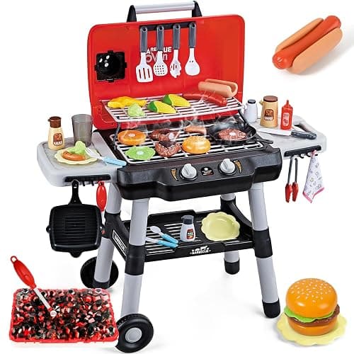 Kids Play Kitchen Toys, Kids BBQ Grill Playset with Smoke Sound Light, 2-Layer Barbecue Toy with Wheel, Outdoor Play Grill Toys for Toddlers 3-5, Play Food Toys Cooking Set, Birthday Gift for Boy Girl - Image 1