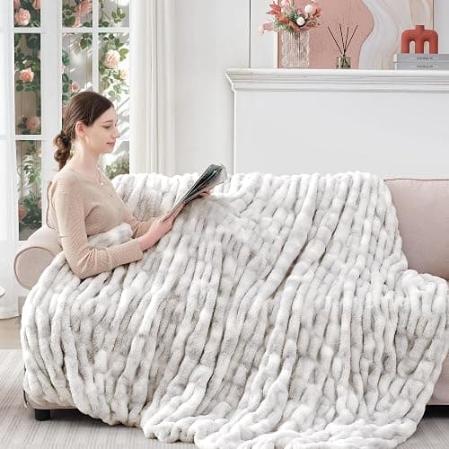 Touchat Ruched Faux Rabbit Fur Throw Blanket, 700 GSM Luxury Dual-Sided Soft Cozy Blanket, Fuzzy Fluffy Plush Blanket for Bed, Couch and Sofa - 50"x60", Tie-dye Gray thumbnail 8