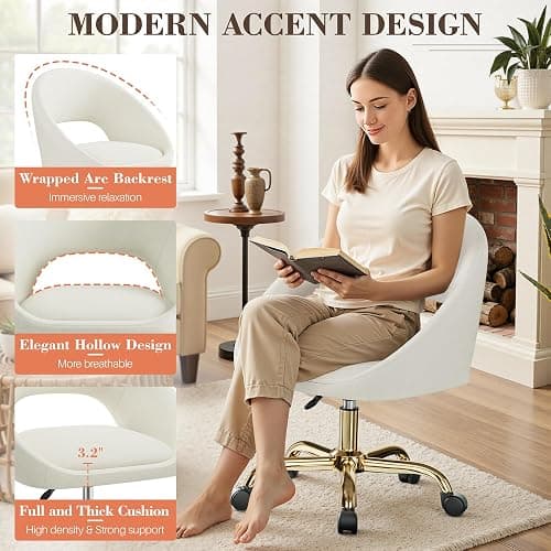 BestEra Vanity Chair with Wheels, Comfy Home Office Desk Chairs Adjustable Modern Velvet Makeup Chair for Bedroom Living Room, Soft Cushion Swivel Computer Task Chairs for Women-Beige thumbnail 4