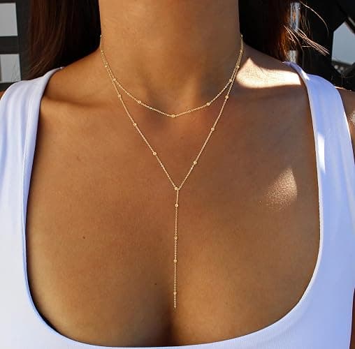 Foxgirl Lariat Gold Necklace for Women, Dainty Long Necklace 14k Gold Plated/Silver Y-Shaped Pendant Necklace Trendy Layered Cz Beaded Chain Drop Necklaces Simple Gold Jewelry For Women Gift thumbnail 2
