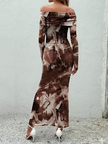 LILLUSORY Off The Shoulder Bodycon Floral Dress 2025 Fall Long Sleeve Maxi Wedding Guest Cocktail Going Out Club Dresses thumbnail 4