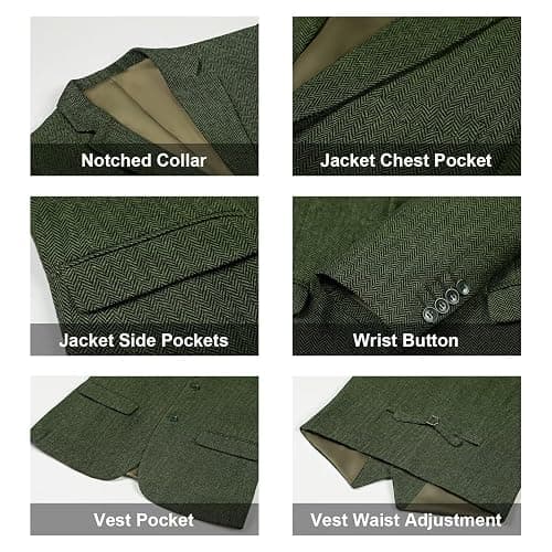 Retro 3 Piece Suit Tweed Herringbone Men's Suits Slim Fit Jacket Vest Pant | Tweed Wool Blend Retro 3 Piece Suit Herringbone Men's Suits Vintage Wedding Groom Tux Set Dress Prom Single Breasted Jacket thumbnail 4
