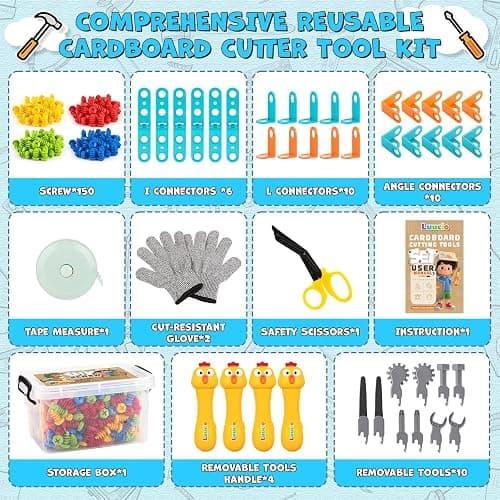 196 PCS Cardboard Cutter for Kids, Reusable Safe Cardboard Tools for Kids with Box, Gloves, Screws, Connectors, Screwdrivers, Saws, Educational Toys for 5 6 7 8 Year Old, Birthday Gift for Boys Girls thumbnail 2