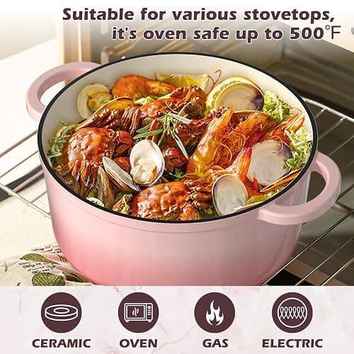 Umite Chef 5QT Enameled Cast Iron Dutch Oven Pot with Lid, Heavy-Duty Cookware for Bread Baking, Braising, Stews, Roasting, Wedding Registry Ideas & Gifts (Pink) thumbnail 5