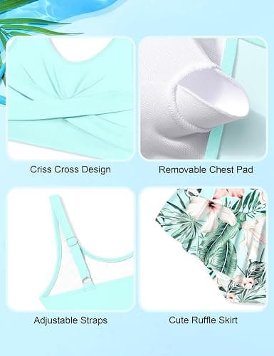 Qaoerde Girls Swimsuit Tropical Print Bikini Set with Ruffle Hem Two Piece Criss Cross Bathing Suits for Girls 7-16 Years thumbnail 6