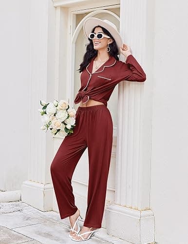 Ekouaer Womens Pajama Sets 2 Piece Long Sleeve Sleepwear Soft Button Down Pjs Lounge Set S-XXL thumbnail 6