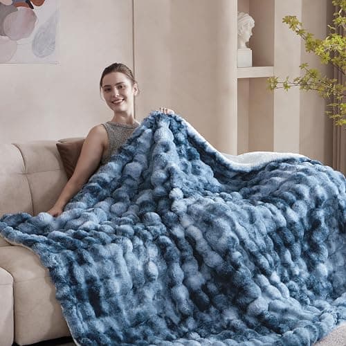 Serenhom 50x60 Inches Ultra-Soft Fuzzy Faux Fur Plush Throw Blanket - Thick, Warm Sherpa for Couch, Sofa, Bedroom, Camping - Decorative Blanket for Cozy Warmth, Bubble Dark Blue Tie Dye thumbnail 4